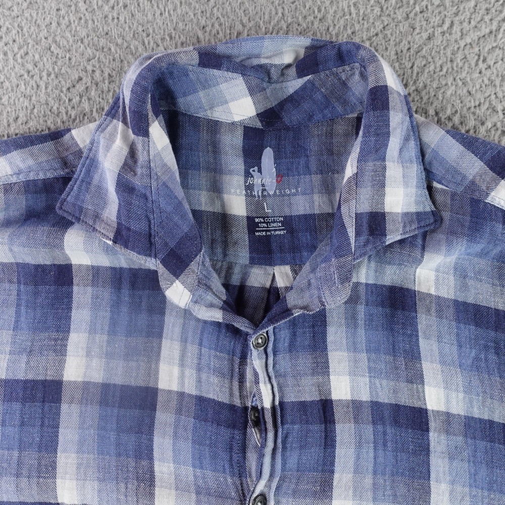 Johnnie-O Shirt Men Large Blue Plaid Featherweight Cotton Linen Button Up L/S